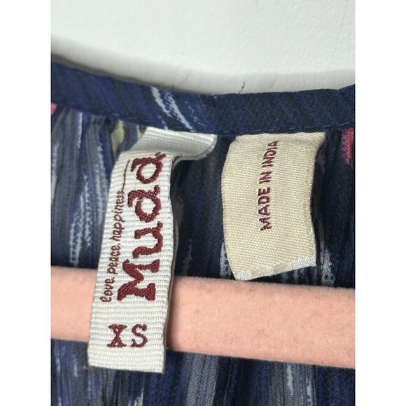 Mudd Sheer Blue Boho Print Blouse XS Short Puff Sleeves Tie Front Y2K - Picture 5 of 9